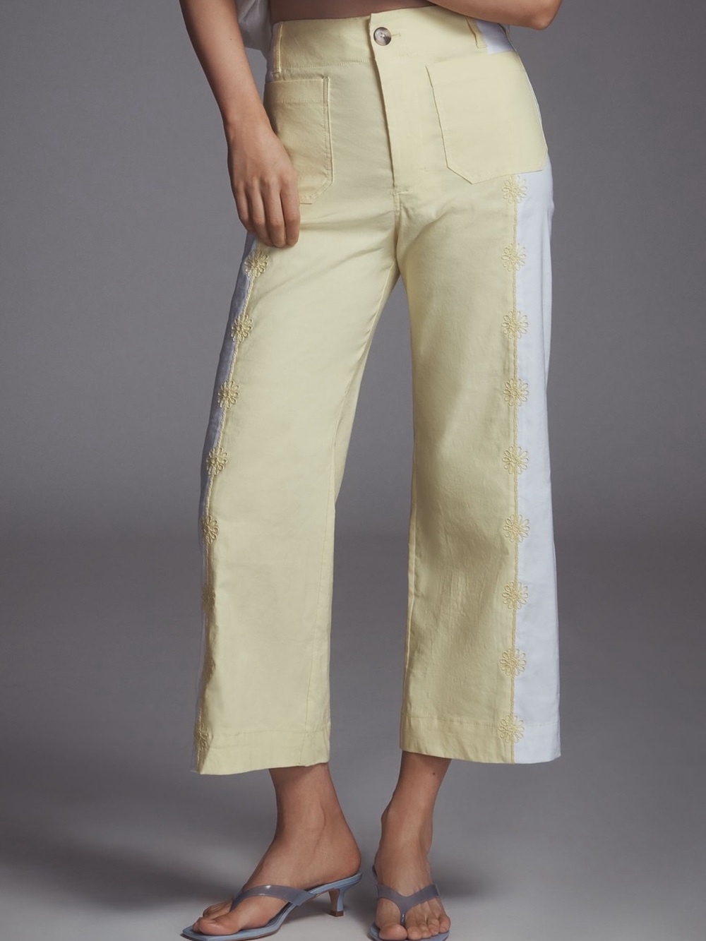 Maeve Two-Tone Pale Yellow and White Wide-Leg Pants